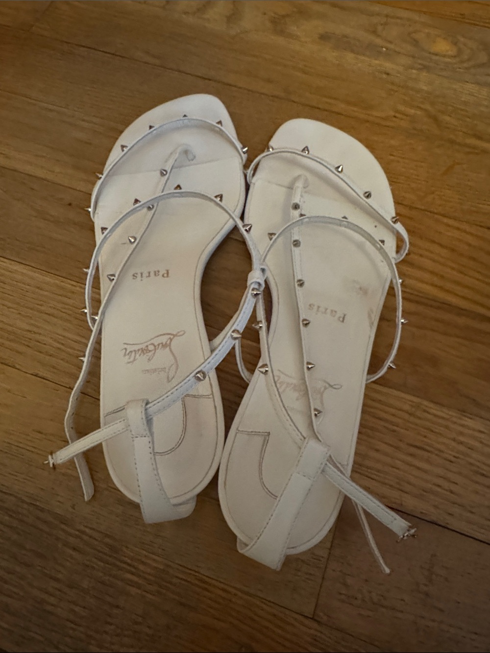 Christian Louboutin White Studded T-Strap Leather Sandals